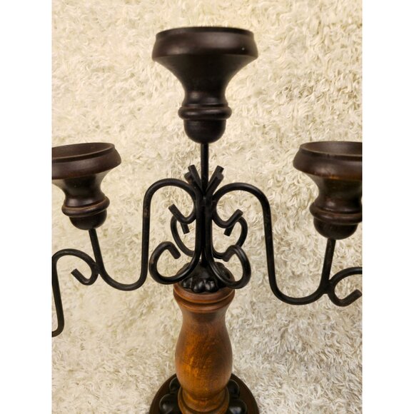 Vintage Wooden & Metal 5-Arm Candelabra Candle Holder With Intricate Design - Picture 6 of 12